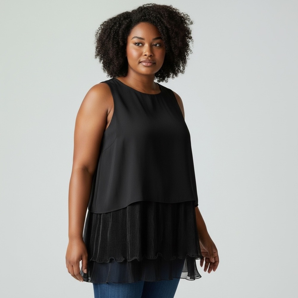 Vintage Womens Black Sleeveless Tiered Pleated Chiffon Top XL